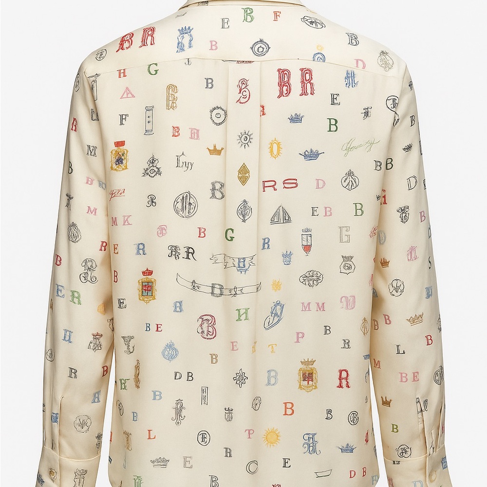 Stella McCartney Designer Monogram Print Bow-Tie Blouse – Cream Silk-Feel Top - Picture 3 of 9